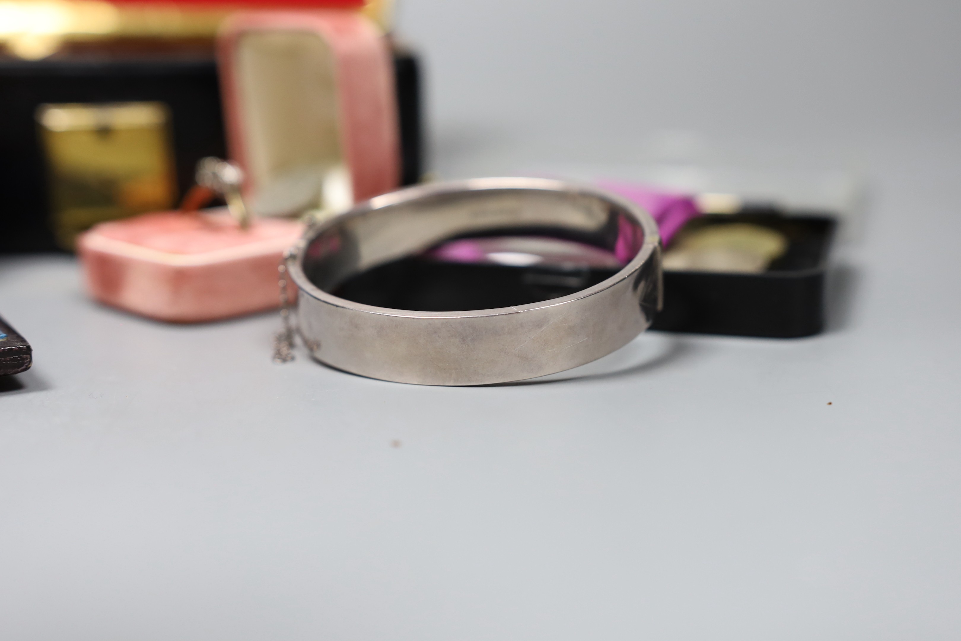A 9ct gold ruby and diamond three stone ring, size S, a 14K gold fob watch in leather box and sundry semi-precious and costume jewellery